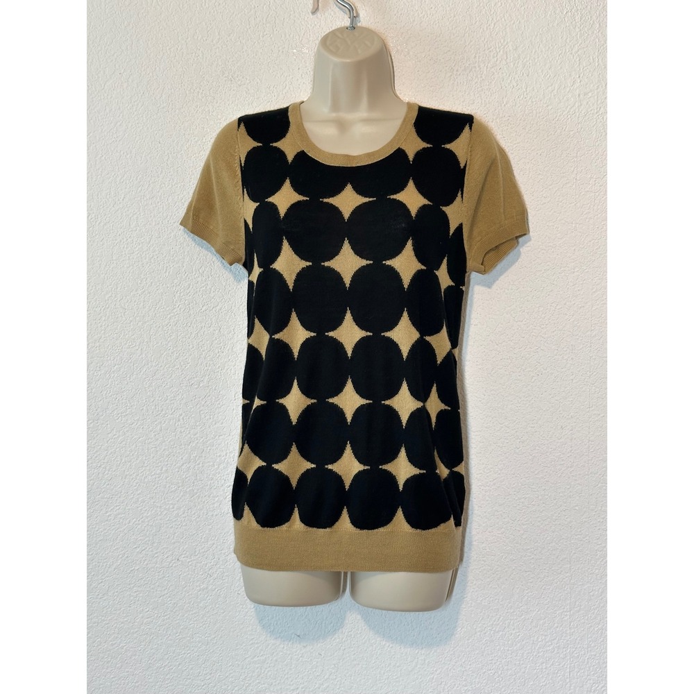 The Limited Tan Black Polka Dot Wool Blend Short Sleeve Lightweight Sweater Top